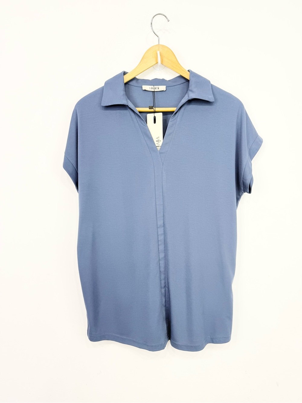 Vivilli Slate Blue Collared V Neck Short Sleeve Pullover Casual Top NEW